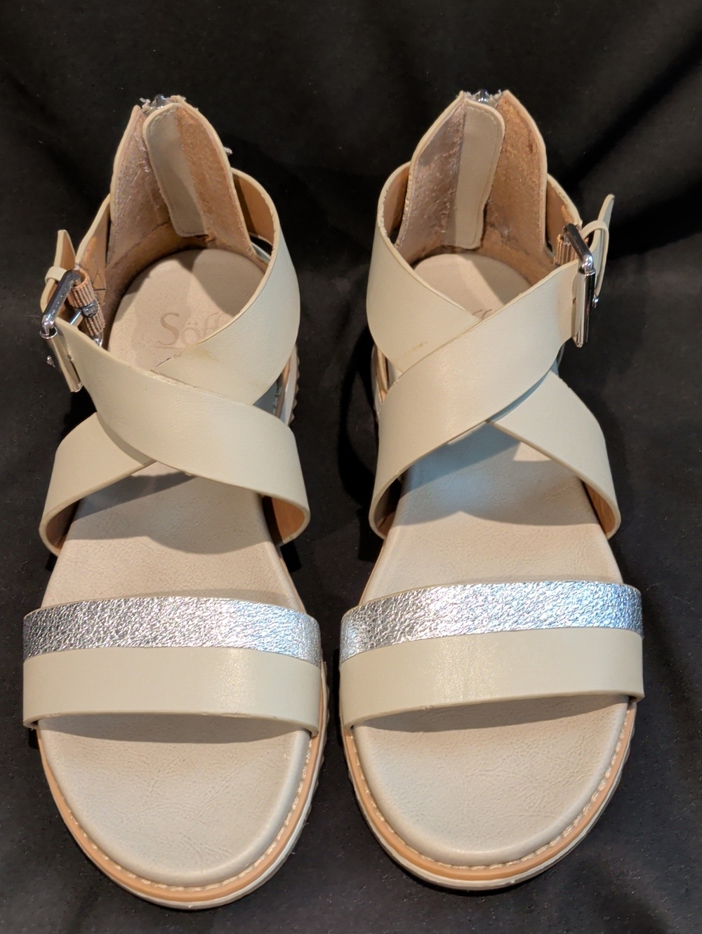 Sofft Forella Neutral Taupe Sandals with Silver Metallic Detail, Size 9